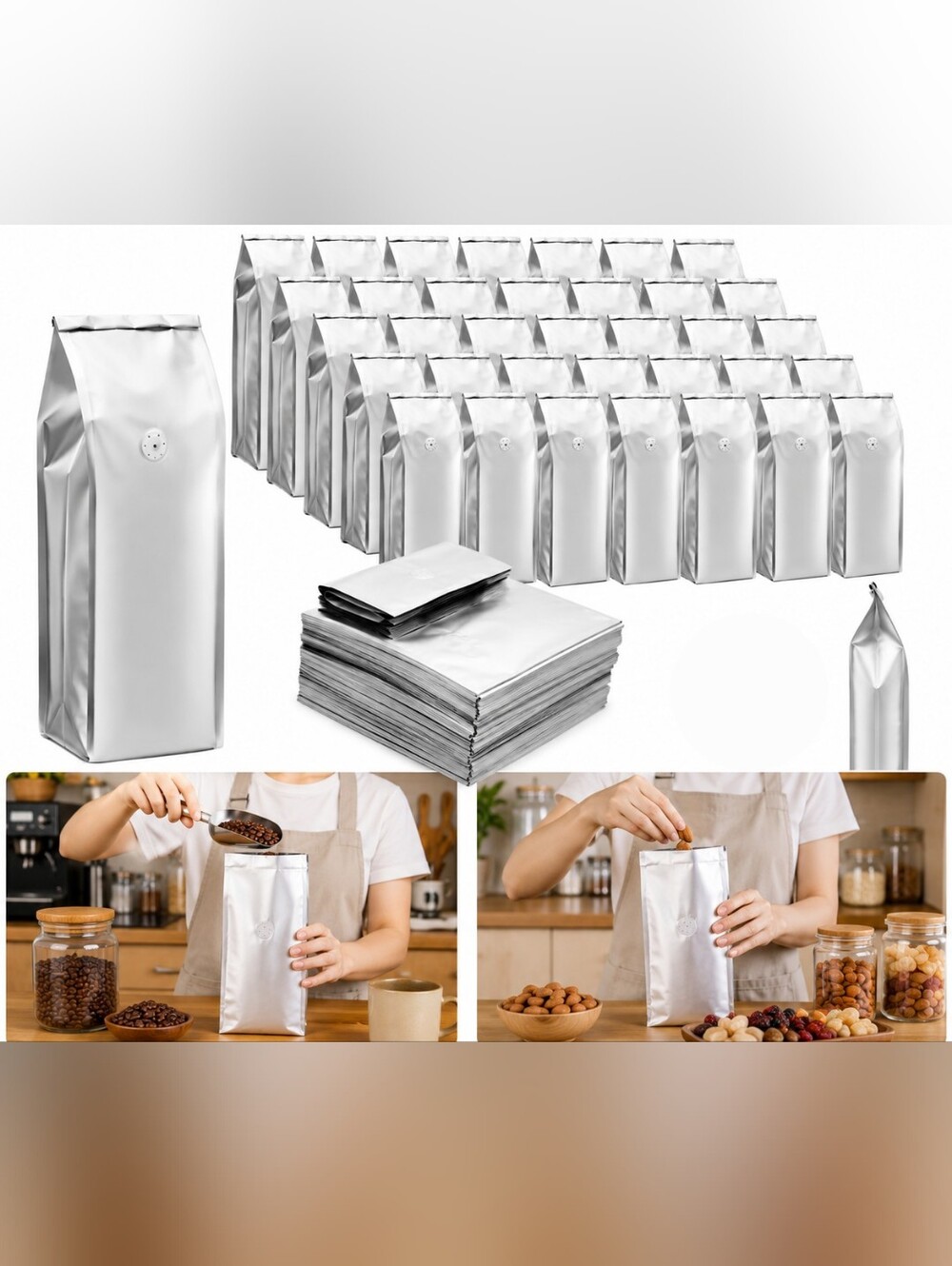 New 50+ Large Capacity Coffee Food Storage Bags Valve Silver Foil Wrap Open box